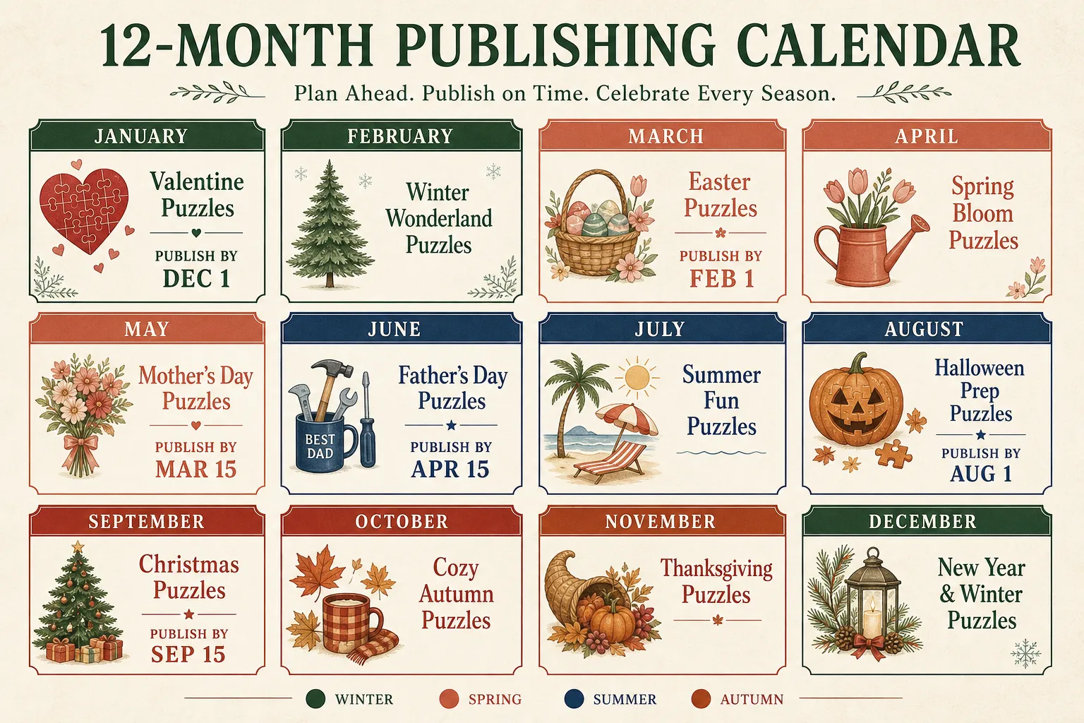 Full 12-month publishing calendar for KDP puzzle books showing publish-by dates for each seasonal theme