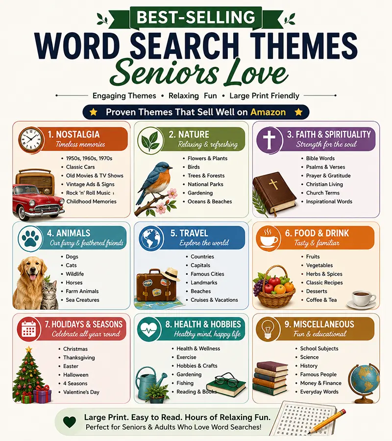 Word cloud or list showing the most popular word search themes for seniors: birds, gardens, nostalgia, faith