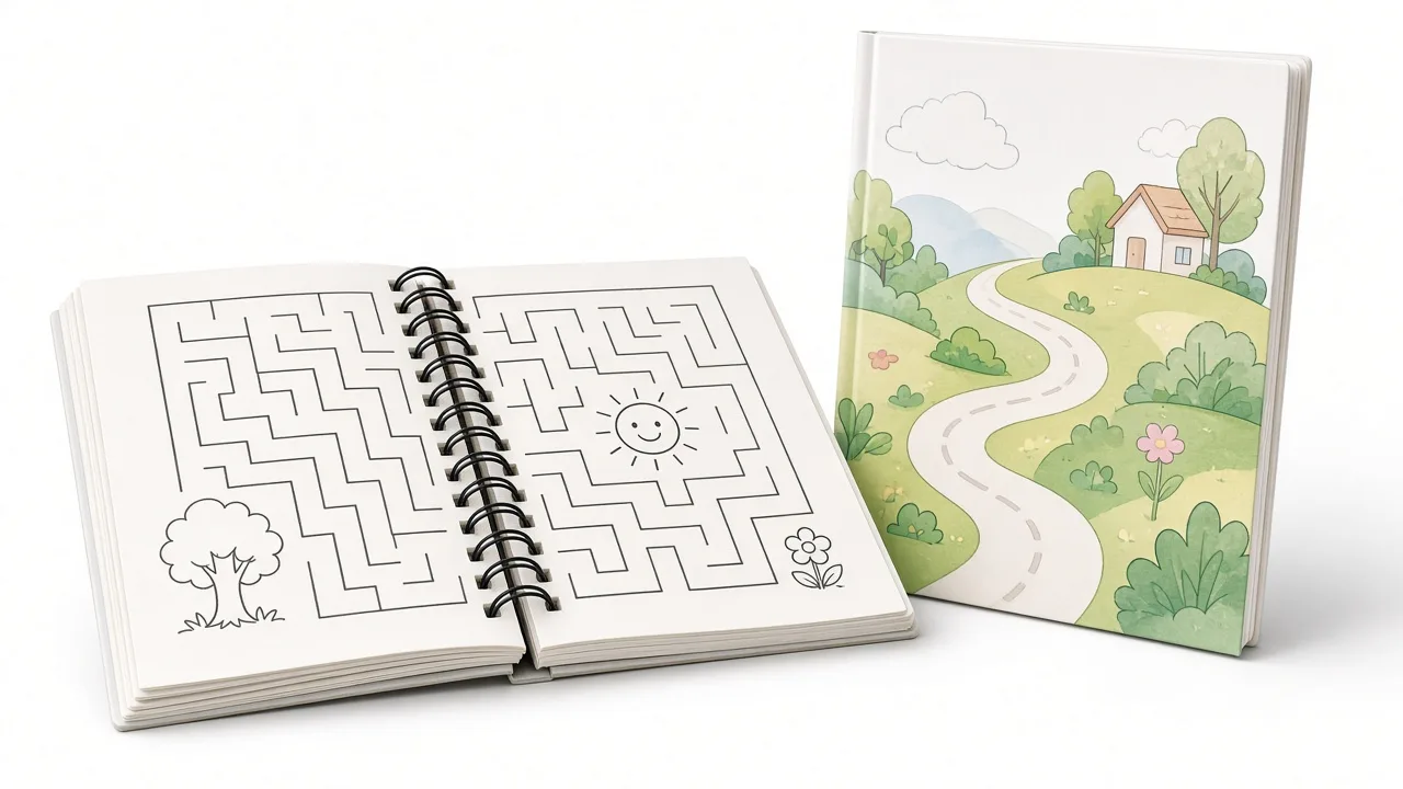 Close-up of spiral coil binding on a puzzle activity book with pages lying flat