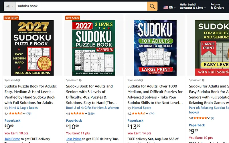 Amazon search results showing bestselling sudoku puzzle books in the Activity Books & Games category