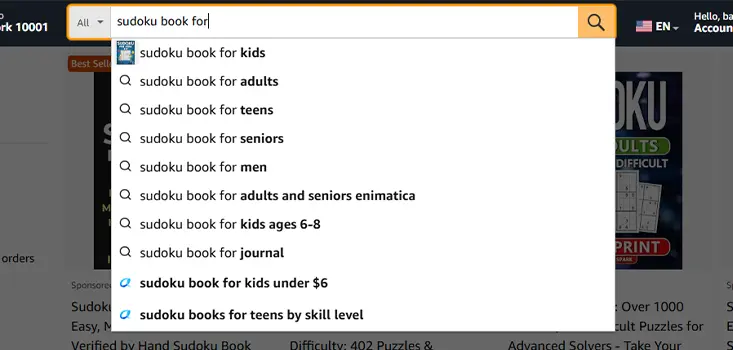 Amazon autocomplete showing sudoku book niche variations like for seniors, easy, large print, hard