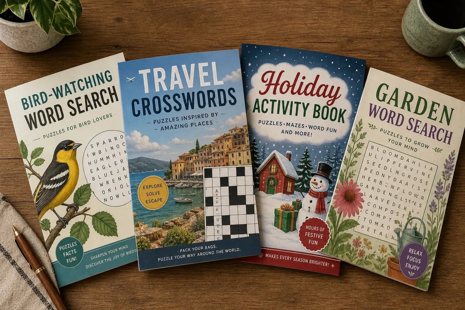 Amazon search results showing variety of themed puzzle books including birds, travel, and holiday topics