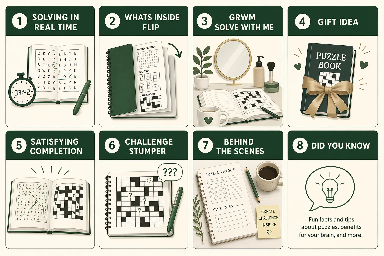 Grid showing eight TikTok content formats for puzzle books with format names and brief descriptions