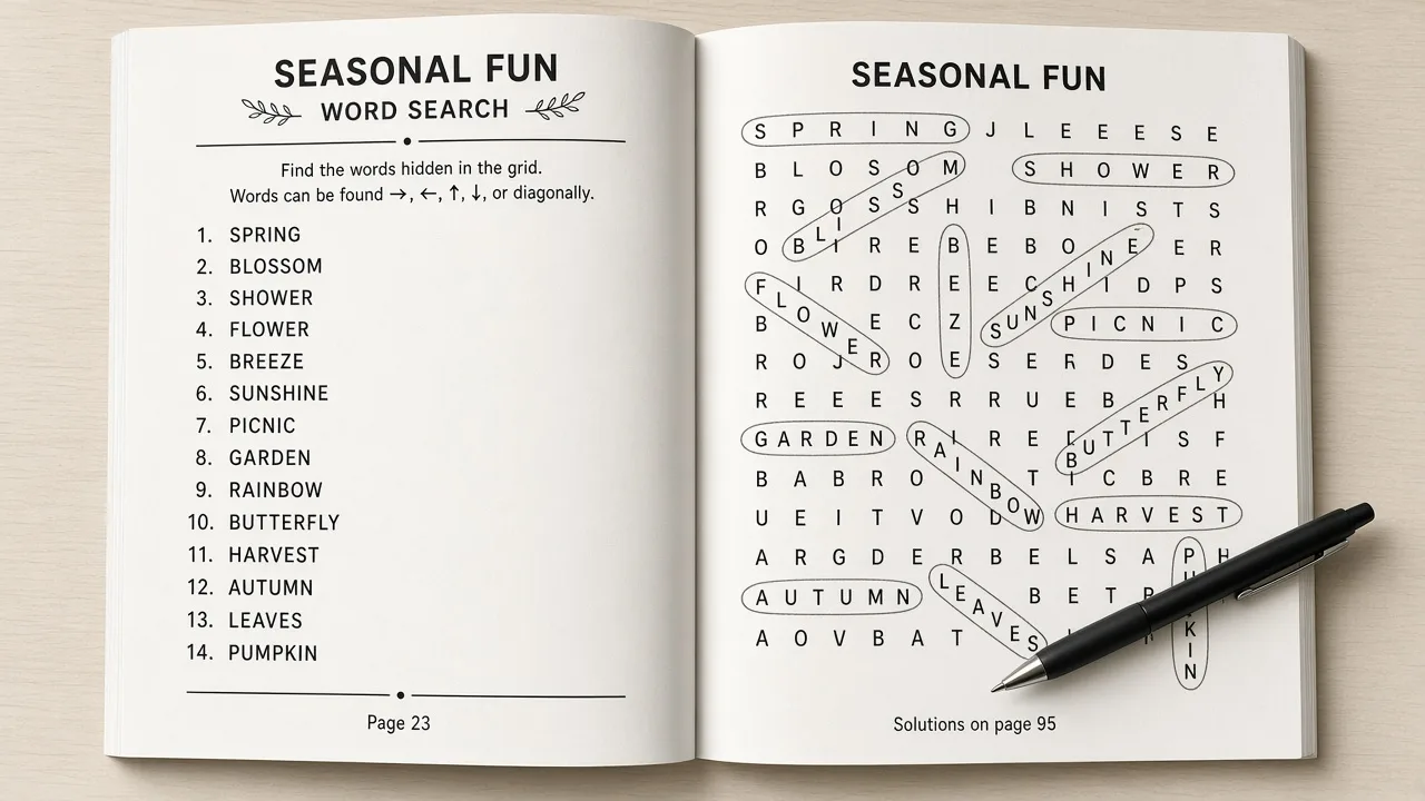 Word search book open to a themed word list and letter grid with circled answers