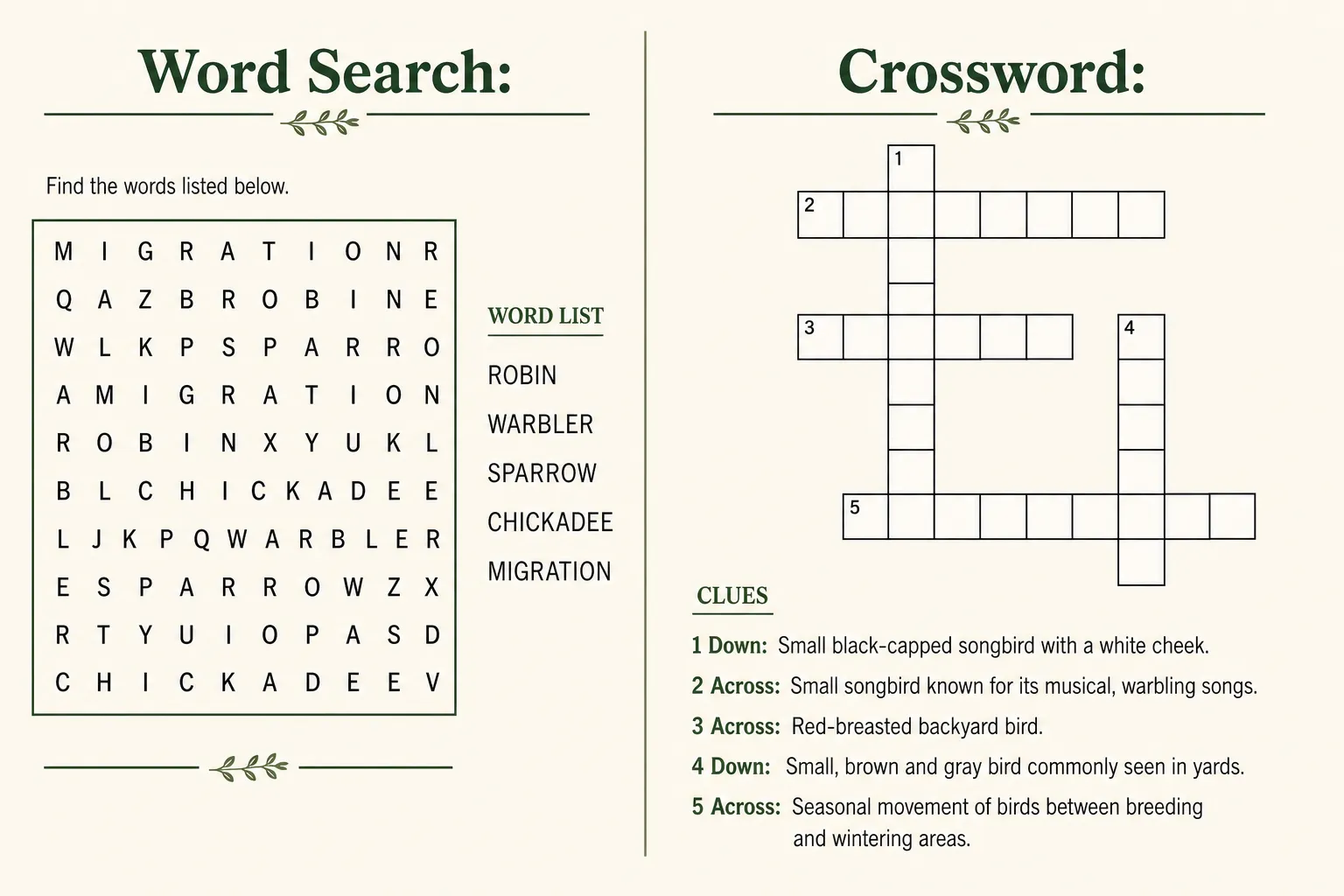 Side-by-side example of a themed word list formatted for word search versus crossword clue writing