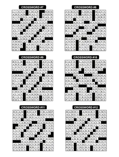 A print-ready crossword solution page with six completed puzzle grids