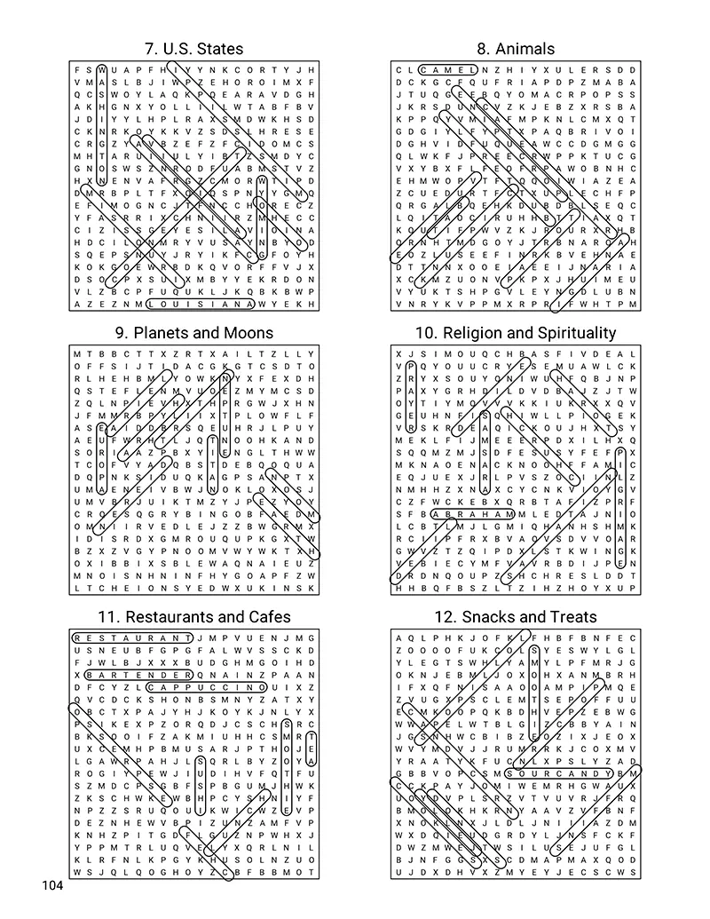 Compact word search solution page showing highlighted answer grids
